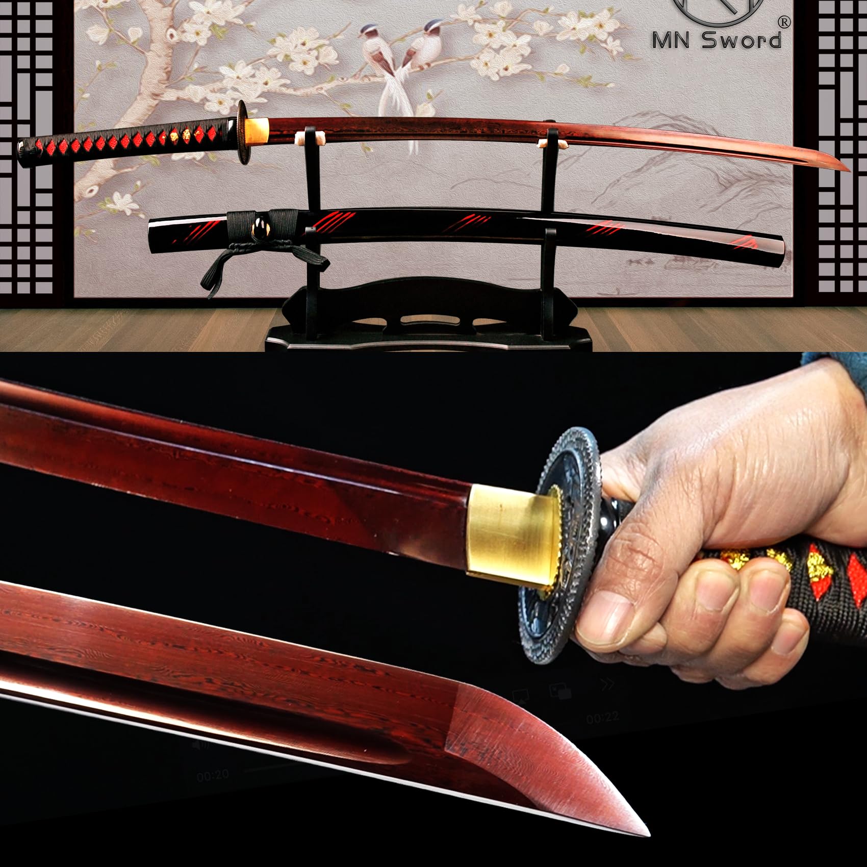 MN Sword - Blood Red Damascus Folded Steel Japanese Samurai Katana